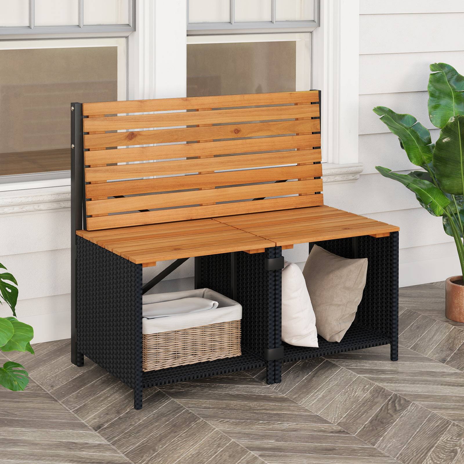 Alt View 3. Gymax - Gymax Outdoor Convertible Bench 2-in-1 Transforming Picnic Table & Chairs Set w/ Storage - Black, Natural.