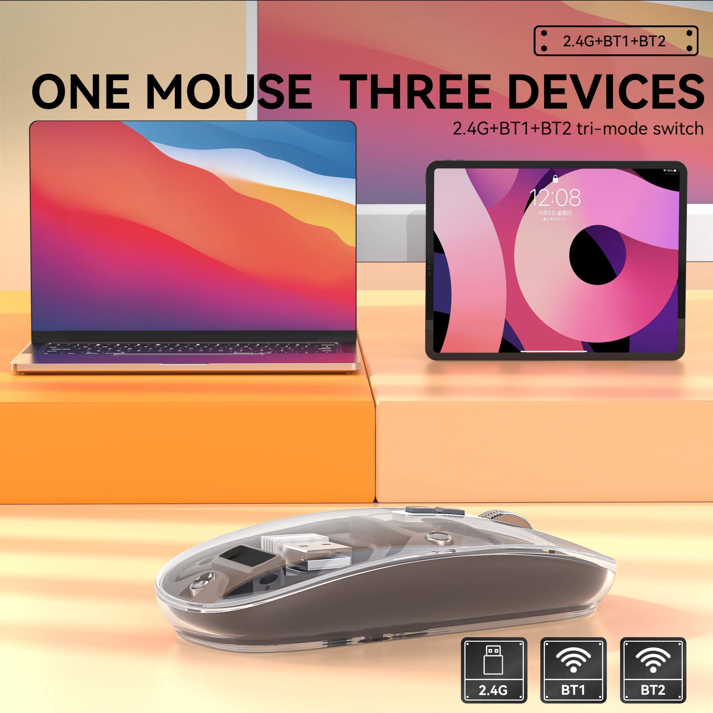 2.4G+BT1+BT2  
ONE MOUSE THREE DEVICES  
2.4G+BT1+BT2 tri-mode switch  
12:08  
11R5  
2.4G BT1 BT2