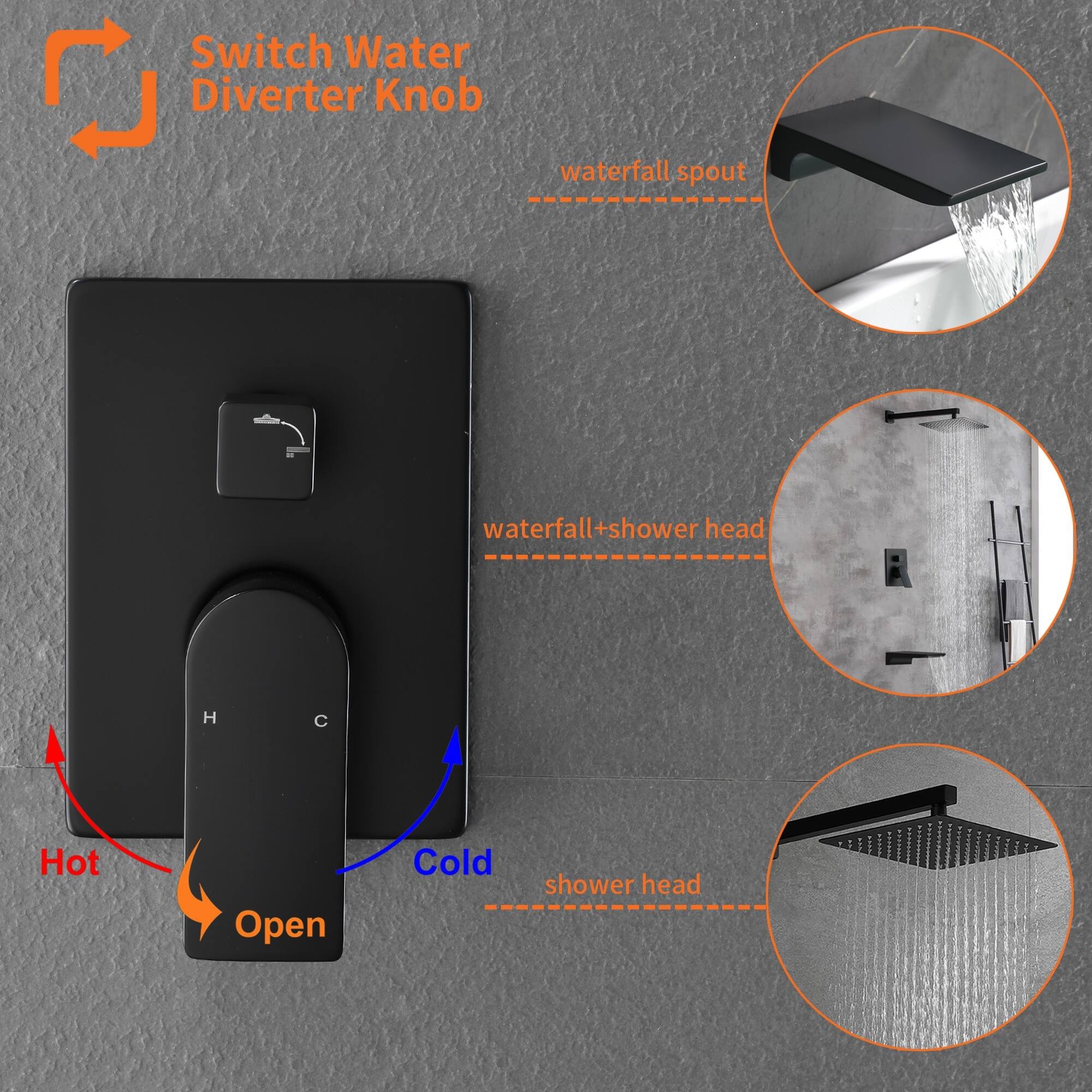Switch Water Diverter Knob

- waterfall spout
- waterfall+shower head
- shower head

H C

Hot Open Cold