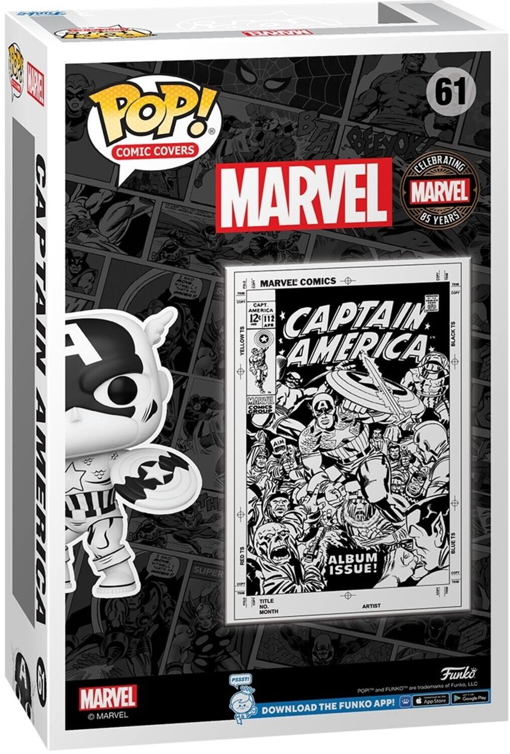 Sure, here is the corrected and grouped text from the image:

---

**POP! Comic Covers**

**61**

**MARVEL**

**Celebrating Marvel 85 Years**

**Captain America**

**Yellow TS**

**Captain America 112**

**April**

**Album Issue!**

**Title No. Artist Month**

**Funko**

**PSSST!**

**Download the Funko App!**

**App Store Google Play**

**Funko, LLC**

**POP! and Funko are trademarks of Funko, LLC**

**Marvel Comics**

**Captain America 112**

**Album Issue!**

**Title No. Artist Month**

**Funko**

**PSSST!**

**Download the Funko App!**

**App Store Google Play**

**Funko, LLC**

**POP! and Funko are trademarks of Funko, LLC**

**Marvel**

**© Marvel**

---