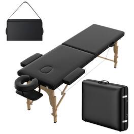 Winado - Portable Foldable Massage Table, 2-Fold Professional Massage Bed w/ Wooden Legs, Adjustable Height, Headrest, Carry Case - Black