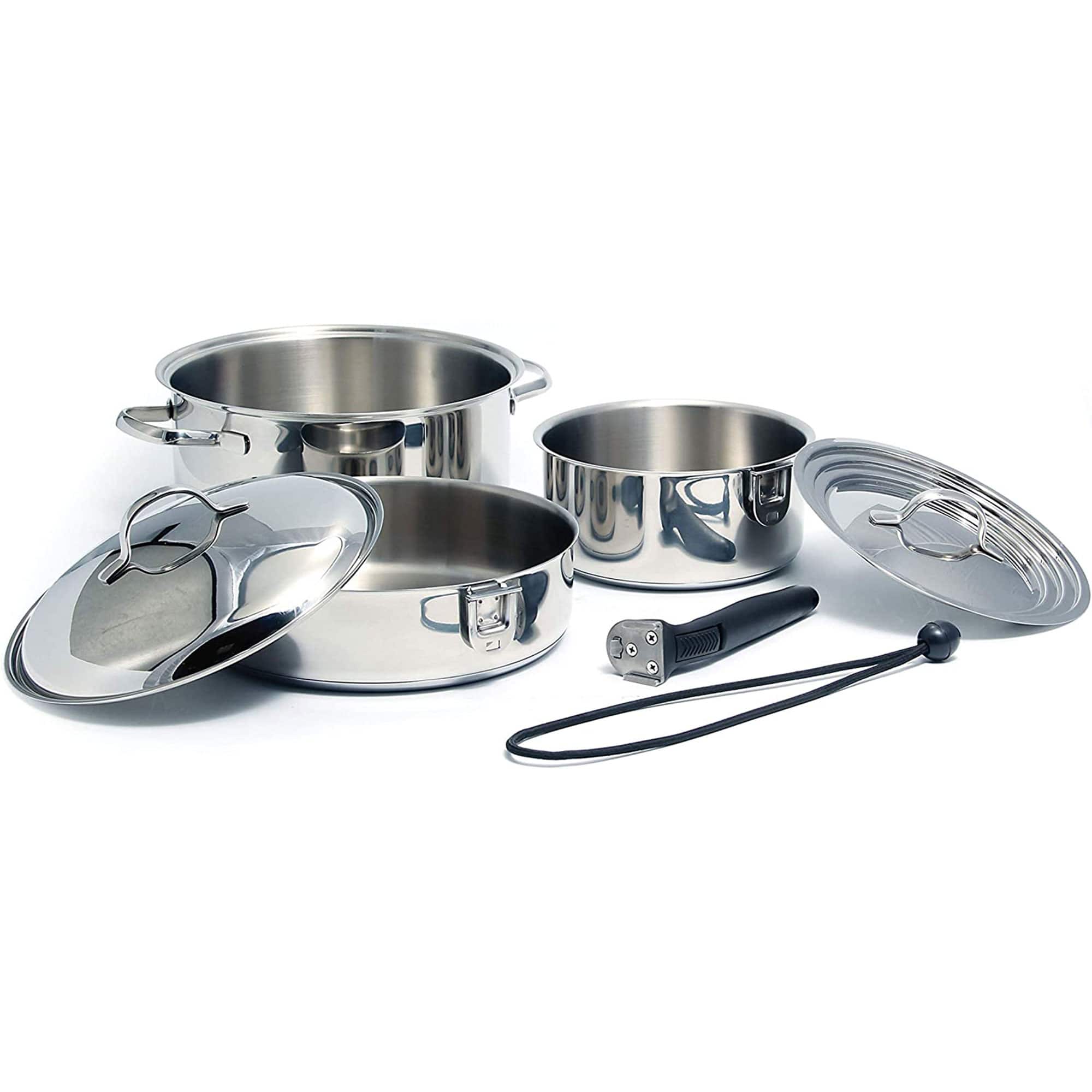 Camco - 7 Piece Stainless Steel Cookware Nesting Pot Set w/Handle & Storage Strap - Silver