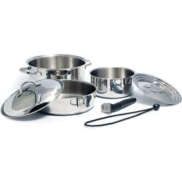 Camco - 7 Piece Stainless Steel Cookware Nesting Pot Set w/Handle & Storage Strap - Silver