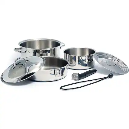 Front. Camco - Camco 7 Piece Stainless Steel Cookware Nesting Pot Set w/Handle & Storage Strap - Silver.