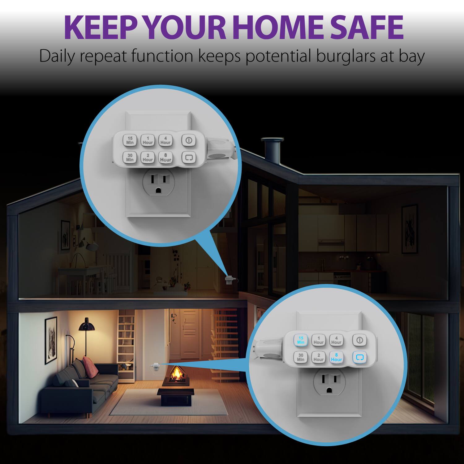 KEEP YOUR HOME SAFE Daily repeat function keeps potential burglars at bay 15 Min - Hour 4 Hour 30 Min 2 Hour 1 Hour