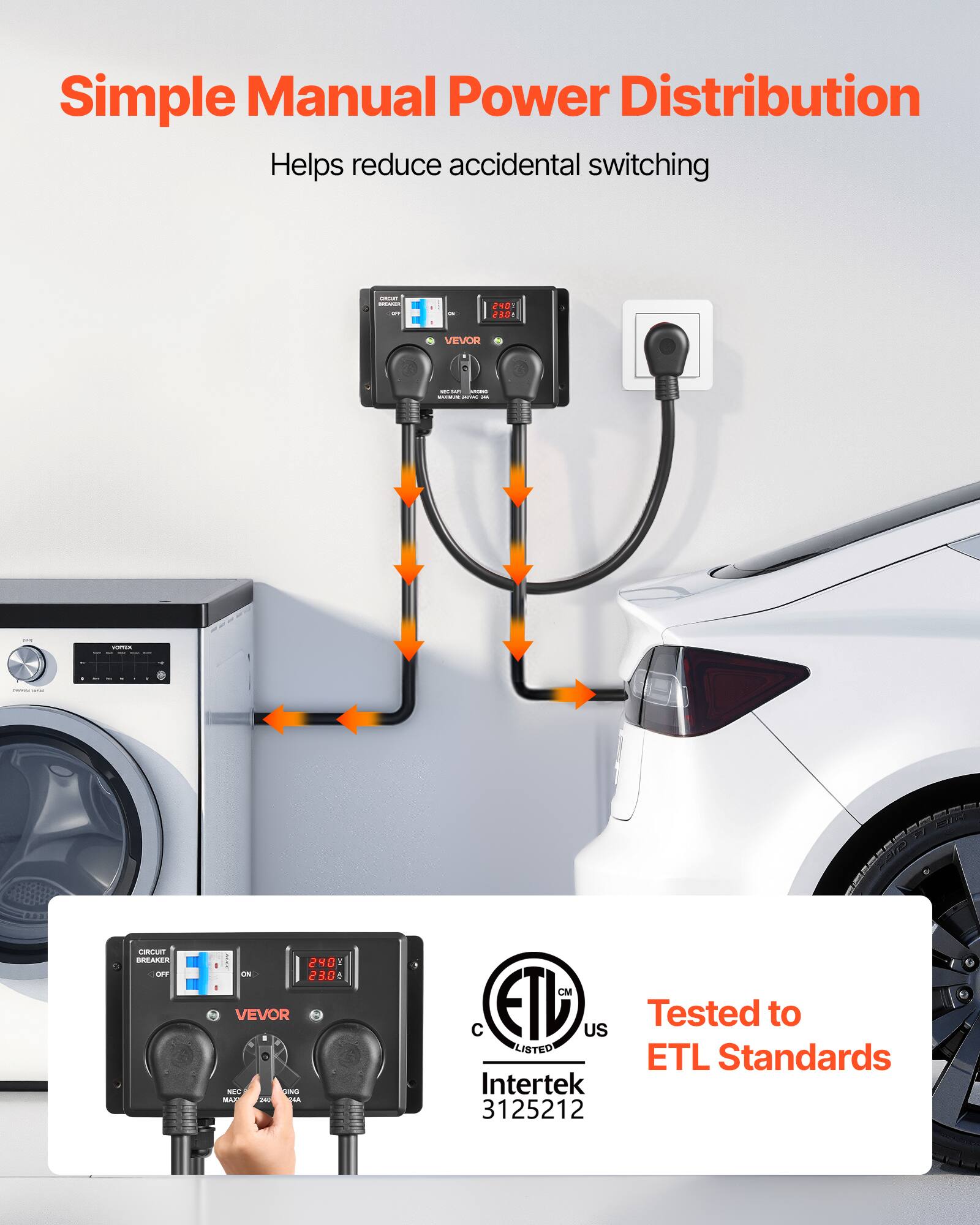 Simple Manual Power Distribution Helps reduce accidental switching

CIRCUIT BREAKER OFF
240V ON 23.0 A

VEVOR
NEW COMPANY
MAJ 100%
CM C EIL US
Tested to LISTED ETL Standards Intertek 3125212