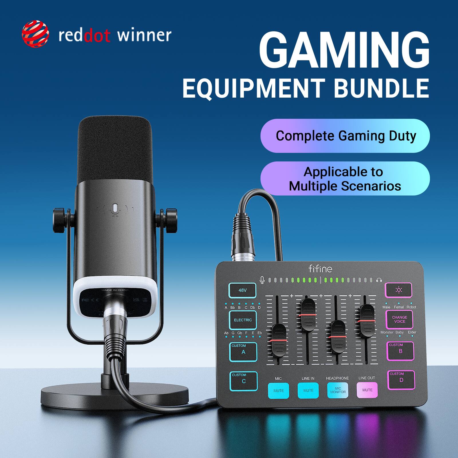 reddot winner GAMING EQUIPMENT BUNDLE Complete Gaming Duty Applicable to Multiple Scenarios fifine 48V + - + & do C C 0 Ma Feral Round ELECTRIC CHANGE VOICE A a S . E F8 Monuter Deby Lioer CUSTOM A EN B CUSTOM C MIC LITE LINE N MUTE HEADPHONE ME MOTITIE LNE OUT MUTS CUSTOM J