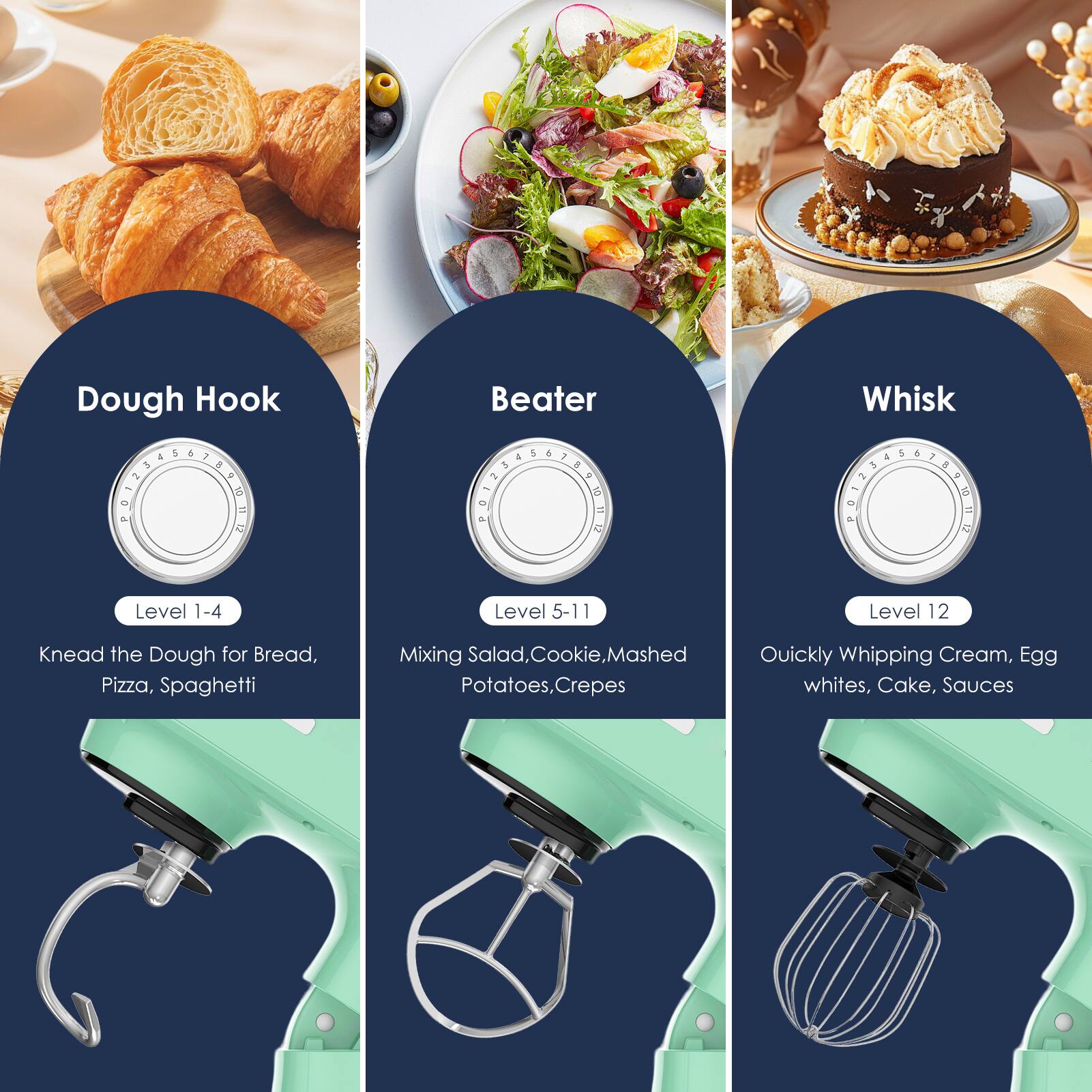 Dough Hook  
Level 1-4  
Knead the Dough for Bread, Pizza, Spaghetti  

Beater  
Level 5-11  
Mixing Salad, Cookie, Mashed Potatoes, Crepes  

Whisk  
Level 12  
Quickly Whipping Cream, Egg whites, Cake, Sauces