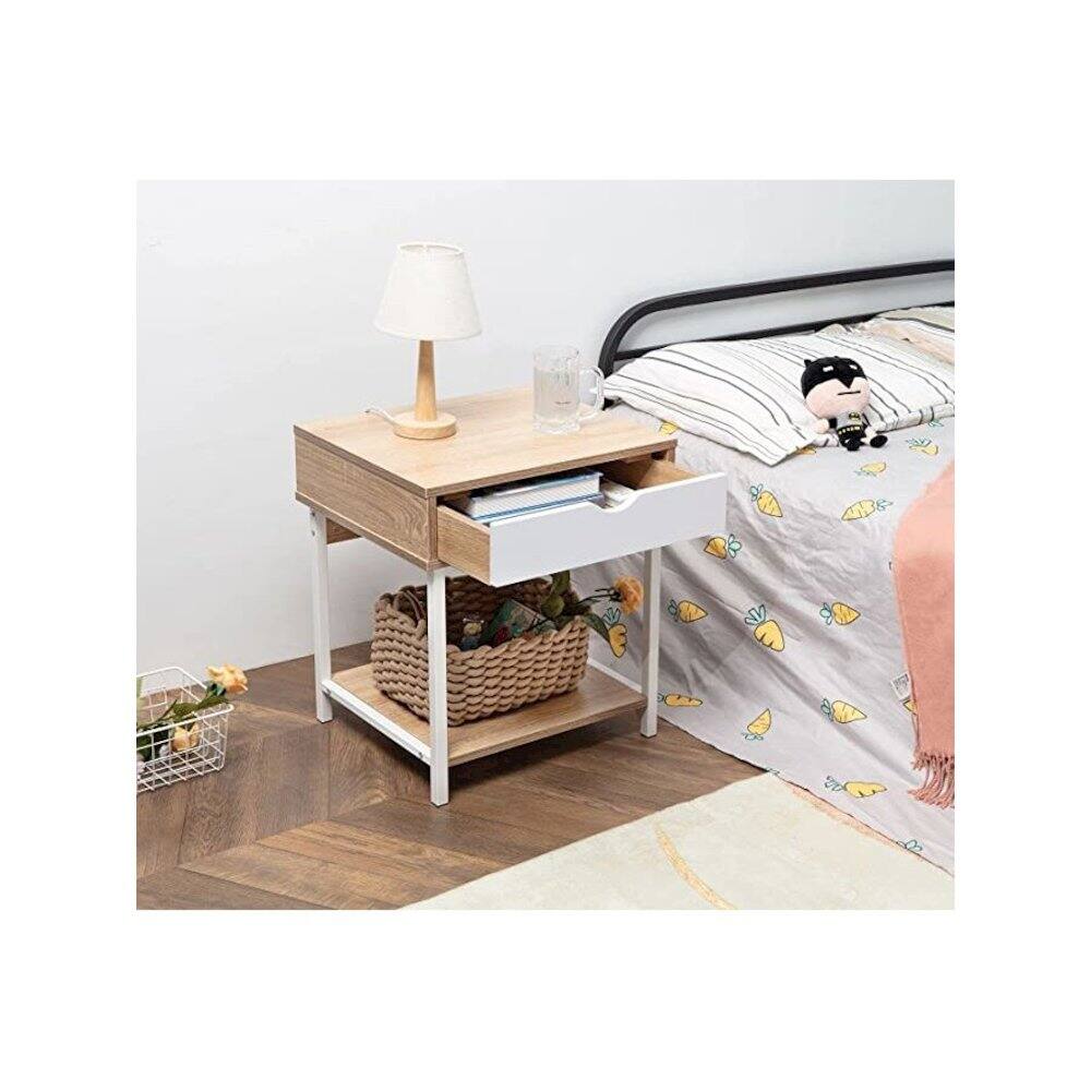 Angle. JJS - Bedside Table With Drawer And Storage Shelves - Oak/White.