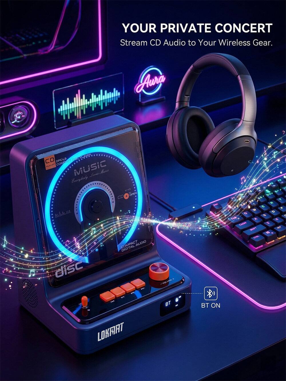 YOUR PRIVATE CONCERT  
Stream CD Audio to Your Wireless Gear.  

Aura CD DPC-L9 EP-ATR HLEHAT COMPACT MUSIC Loves Rasio Everybody as ~ OPEN CD fk COMPACT AUDIO DIGITAL disc -VGLLAR C F S % 4 T R E Y  D a 8  A x CAPH z T N  CTRL LOKAIAT BT BT ON
