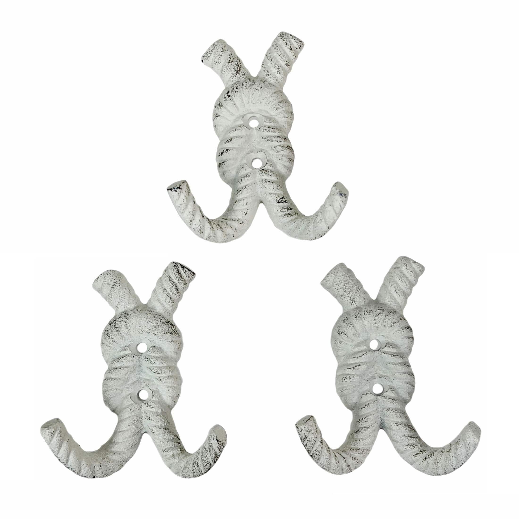 Zeckos - Set of 3 Cast Iron Rope Knot Wall Hooks 4in Antique Coastal Decor - White