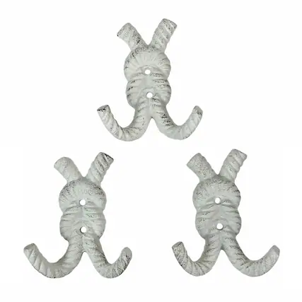 Front. Zeckos - Set of 3 Cast Iron Rope Knot Wall Hooks 4in Antique White Coastal Decor - White.