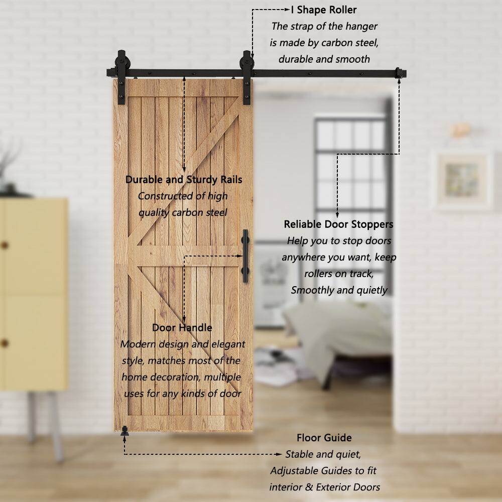 - **I Shape Roller**
  - The strap of the hanger is made by carbon steel, durable and smooth

- **Durable and Sturdy Rails**
  - Constructed of high quality carbon steel

- **Reliable Door Stoppers**
  - Help you to stop doors anywhere you want, keep rollers on track, smoothly and quietly

- **Door Handle**
  - Modern design and elegant style, matches most of the home decoration, multiple uses for any kinds of door

- **Floor Guide**
  - Stable and quiet, Adjustable Guides to fit interior & Exterior Doors