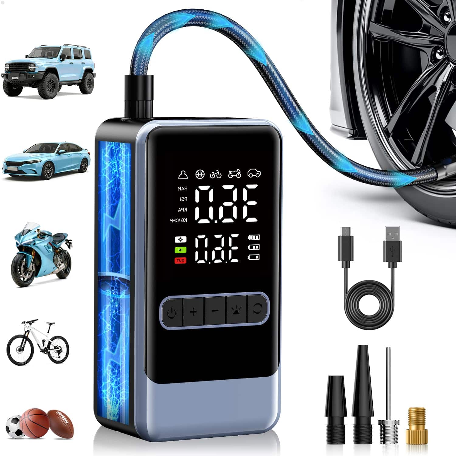 JETRANSPORT - Tire Inflator Portable Air Compressor 150psi Cordless Pump For Car Tires Electric Bike With Digital Gauge A - Default