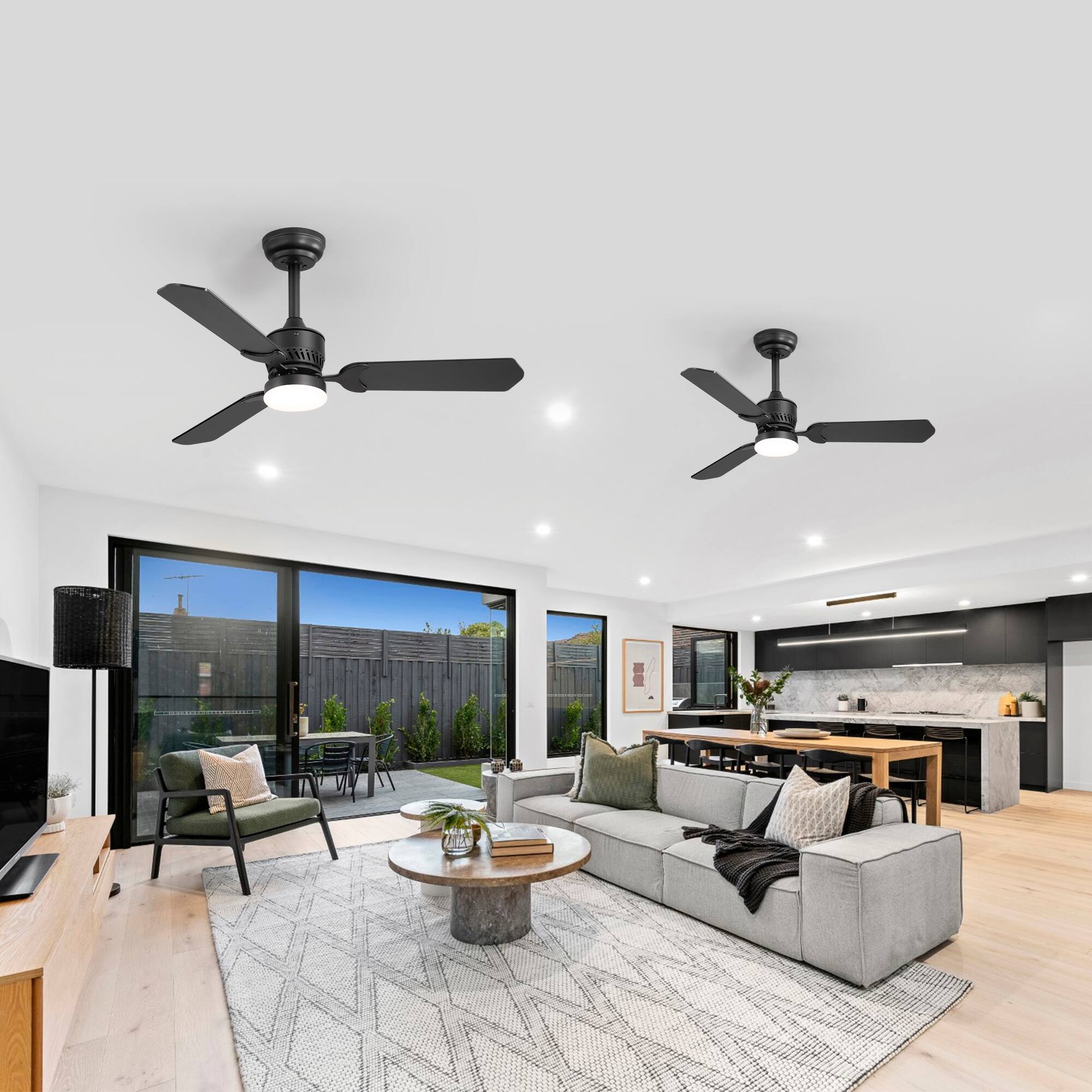 Alt View 1. Breezary - Breezary 42-In Traditional 2-Pack Ceiling Fan, 3 Plywood Blades, 2 Downrods, 6-Speed DC Motor, Remote Control and Timer - Matte Black and Deep Wood Grain.