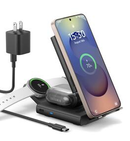 SURITCH - 3-in-1 Foldable Wireless Charging Station for Samsung, Portable Qi Charger Dock with Adjustable Stand & Magnetic Holder - Black