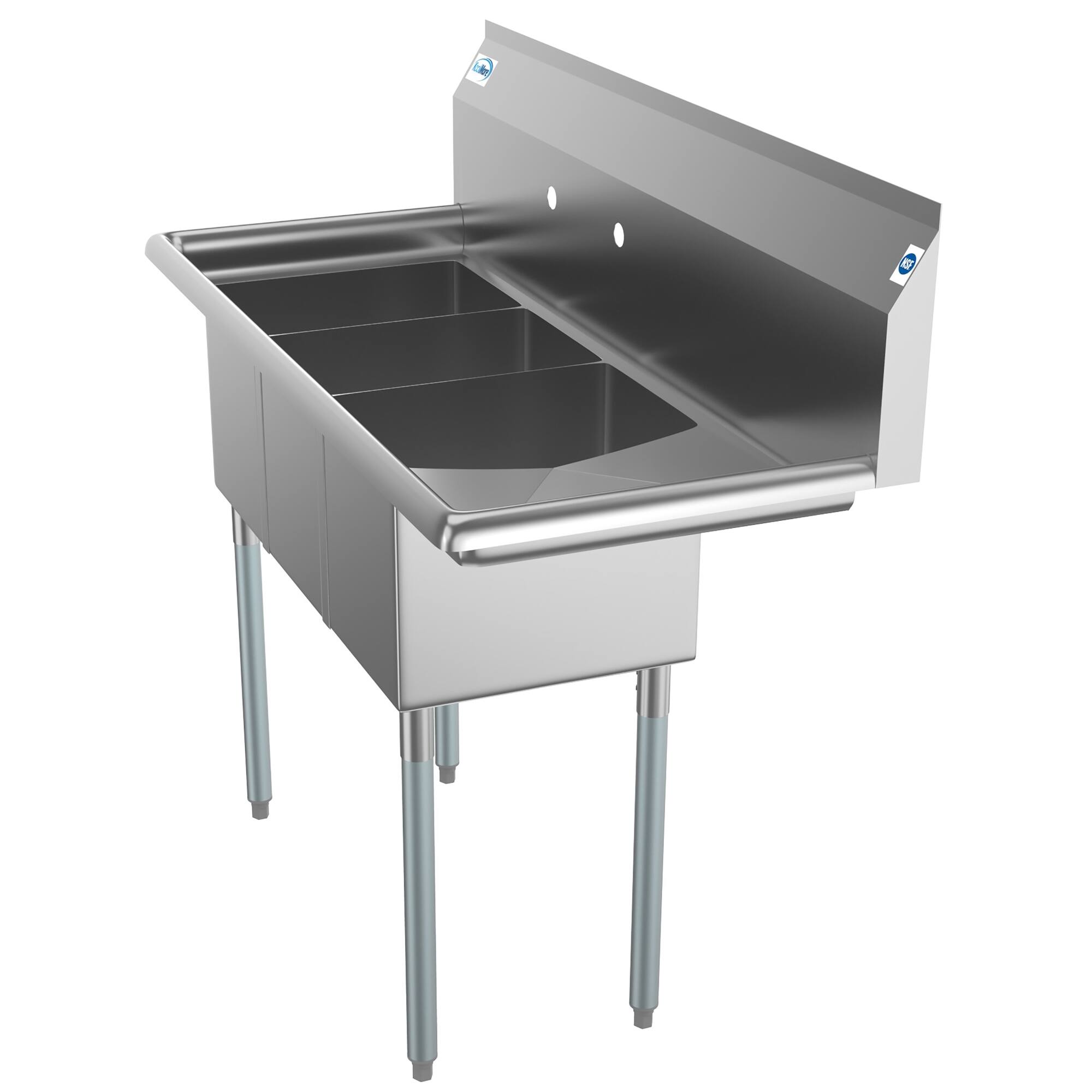 Left. Koolmore - 45 in. Three Compartment Stainless Steel  Sink with Drainboard, Bowl Size 10"x 14"x 10" SC101410-12R3. - Stainless Steel.