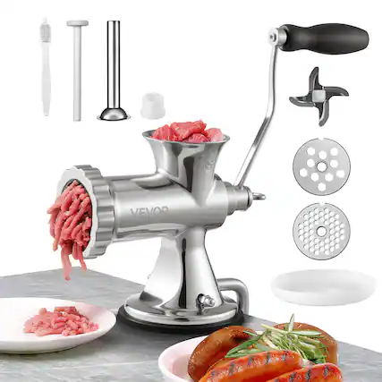 Front. VEVOR - Manual Meat Grinder, 304 Stainless Steel Hand Meat Grinder with Suction Cup + Steel Table Clamp - Silver.