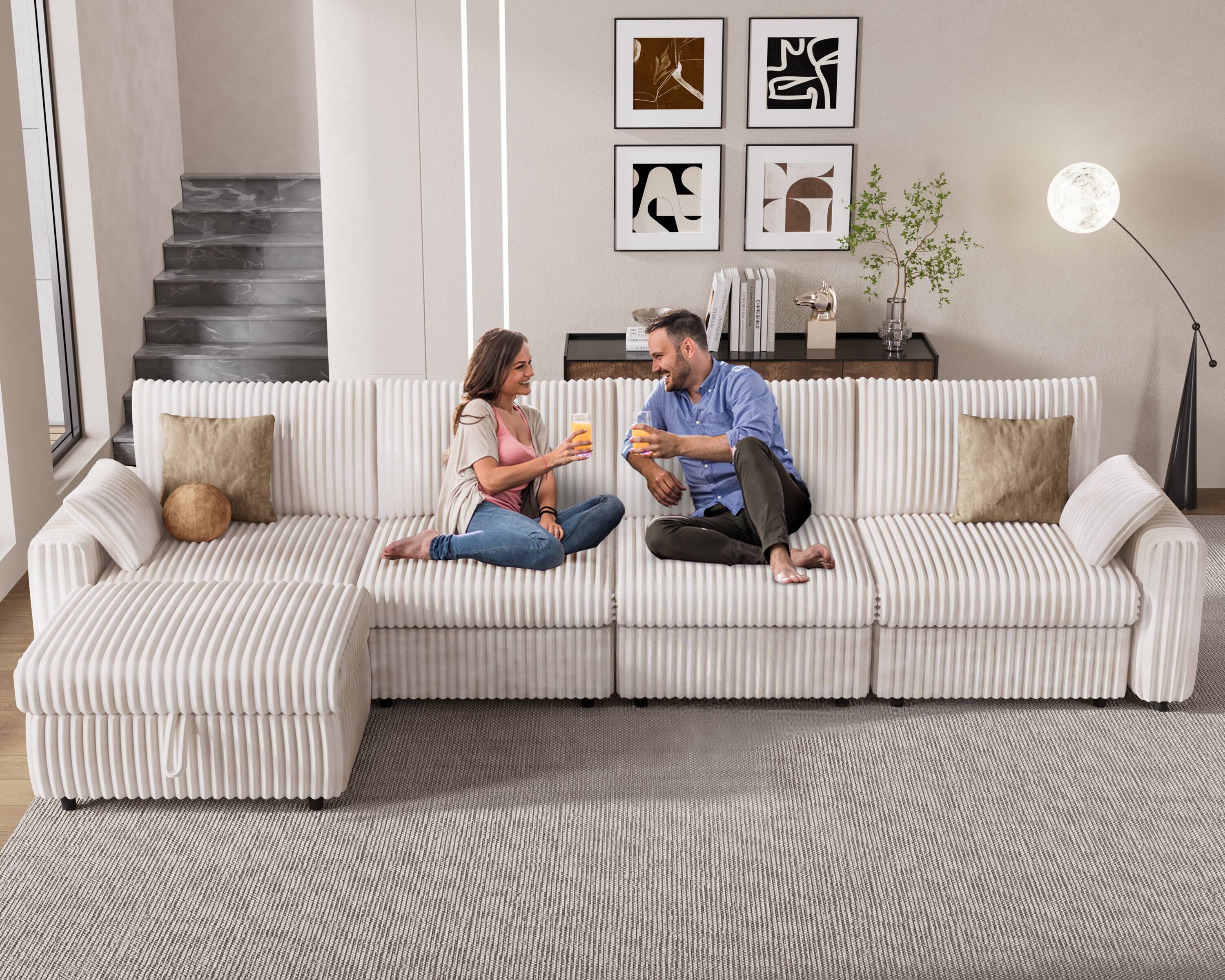 Left. Vipbear - 170" Modern Oversized Modular Sectional Sofa with Storage ottoman, Plush Corduroy Fabric,Tool-Free Assembly - White.