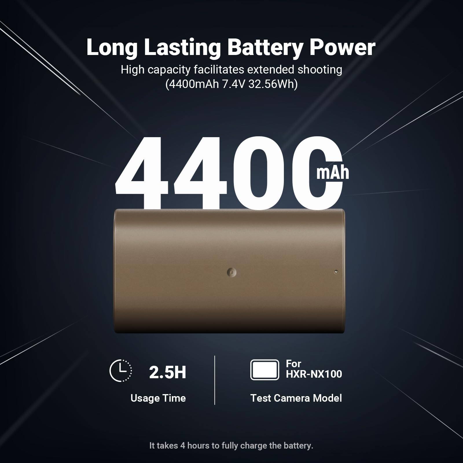 Long Lasting Battery Power  
High capacity facilitates extended shooting (4400mAh 7.4V 32.56Wh)  
4400mAh  
2.5H  
For HXR-NX100  
Usage Time  
Test Camera Model  
It takes 4 hours to fully charge the battery.