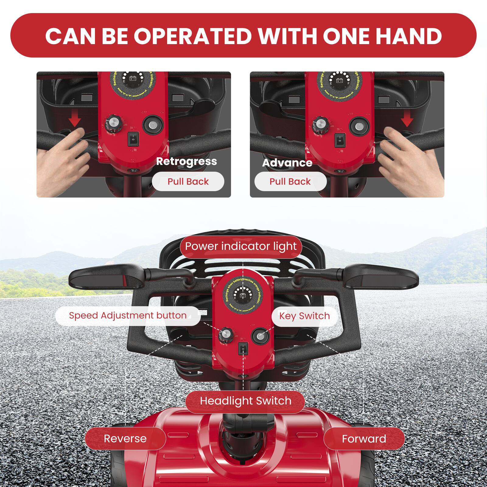 CAN BE OPERATED WITH ONE HAND

Retrogress Advance Pull Back Pull Back
Power indicator light
Speed Adjustment button
Key Switch
Headlight Switch
Reverse Forward