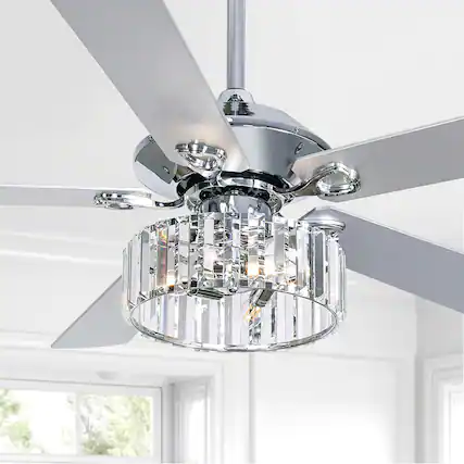Front. Breezary - 52" Indoor Chandelier Ceiling Fan with Gorgeous Crystal E12 Triple Light,Downrod, Remote Control, 5 Blades - Chrome.