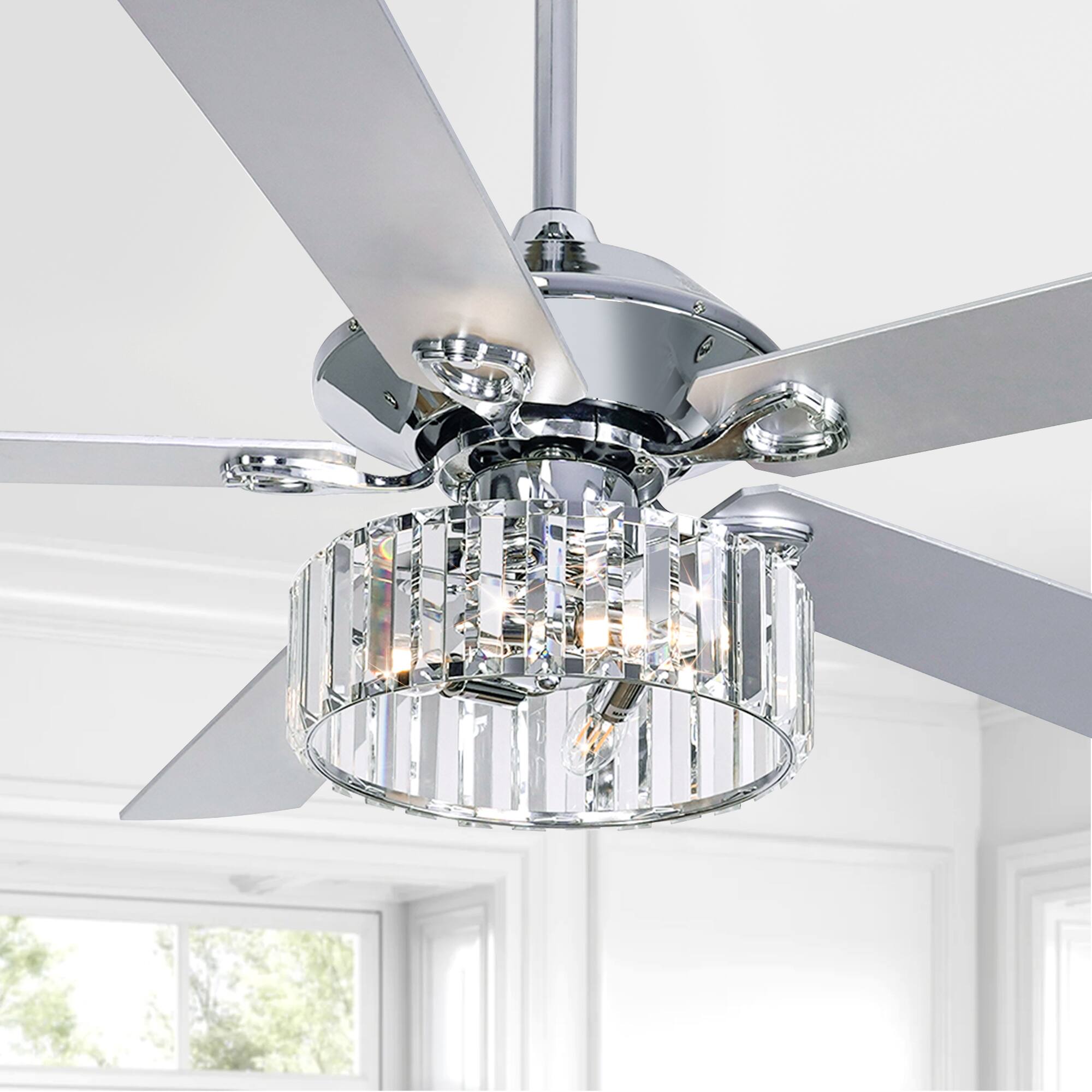 Front. Breezary - 52" Indoor Chandelier Ceiling Fan with Silver Blades & Crystal E12 Triple Light - Remote Included (5-Blade) - Chrome.