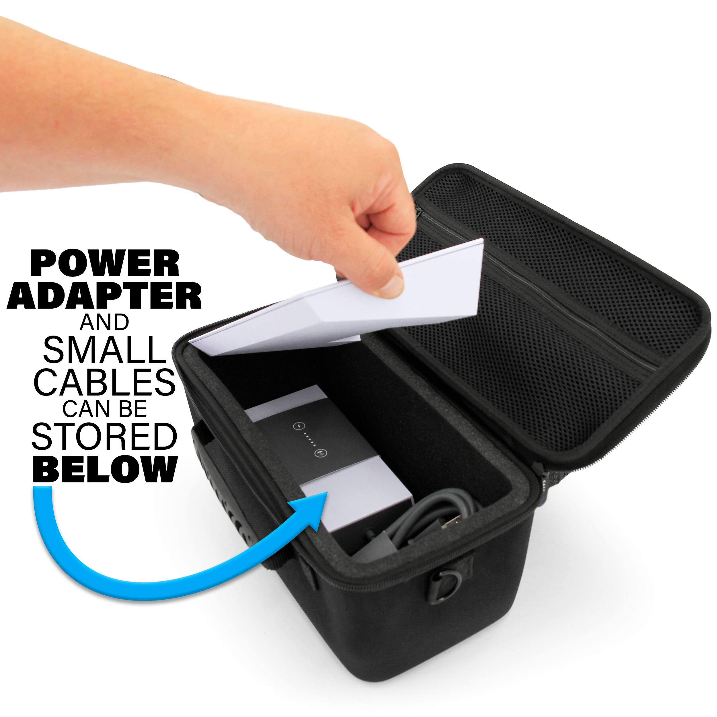 Power adapter and small cables can be stored below.