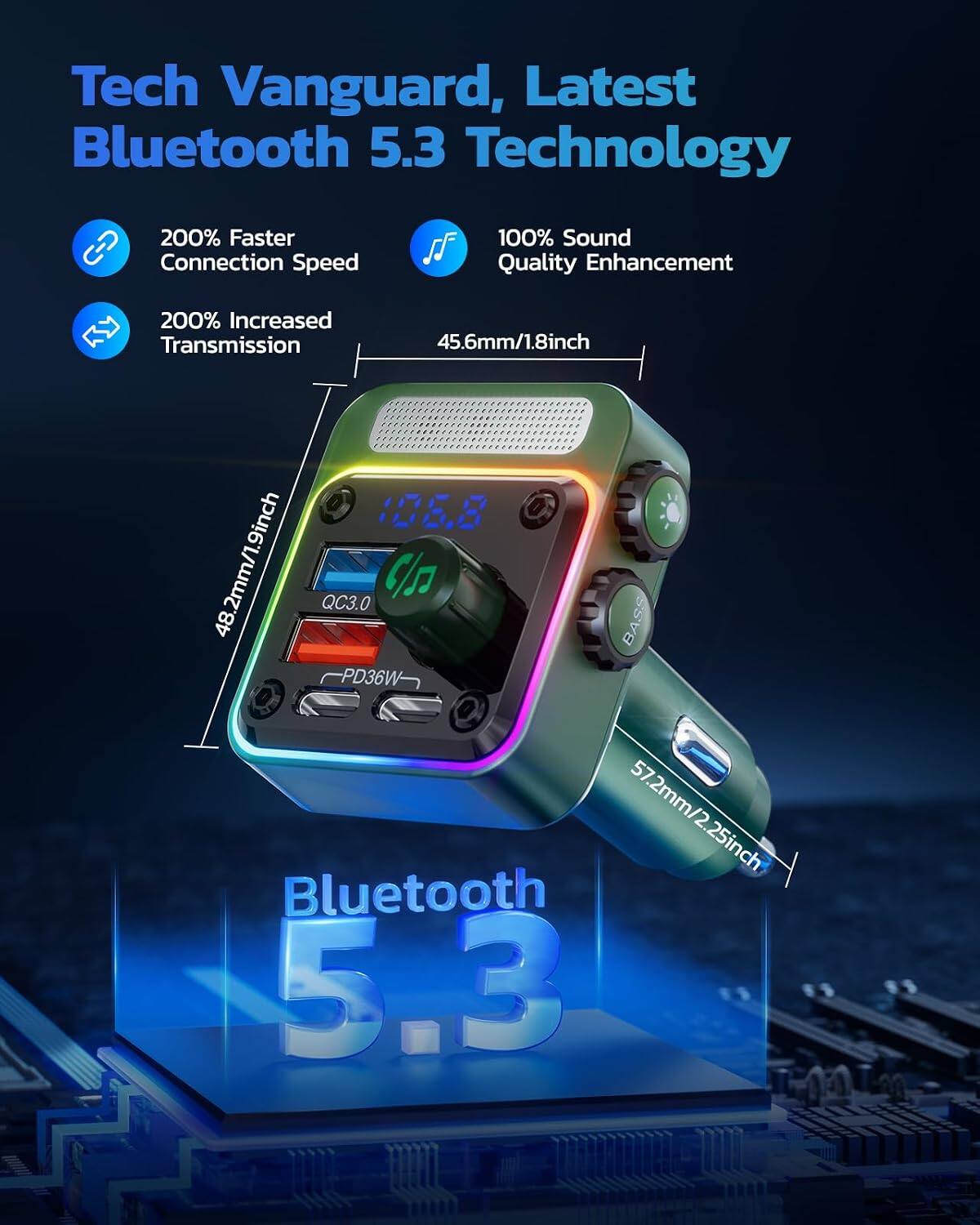 Tech Vanguard, Latest Bluetooth 5.3 Technology

- 200% Faster Connection Speed
- 100% Sound Quality Enhancement
- 200% Increased Transmission

Dimensions:
- 45.6mm/1.8inch
- 48.2mm/1.9inch
- 57.2mm/2.25inch

Features:
- QC3.0
- PD36W