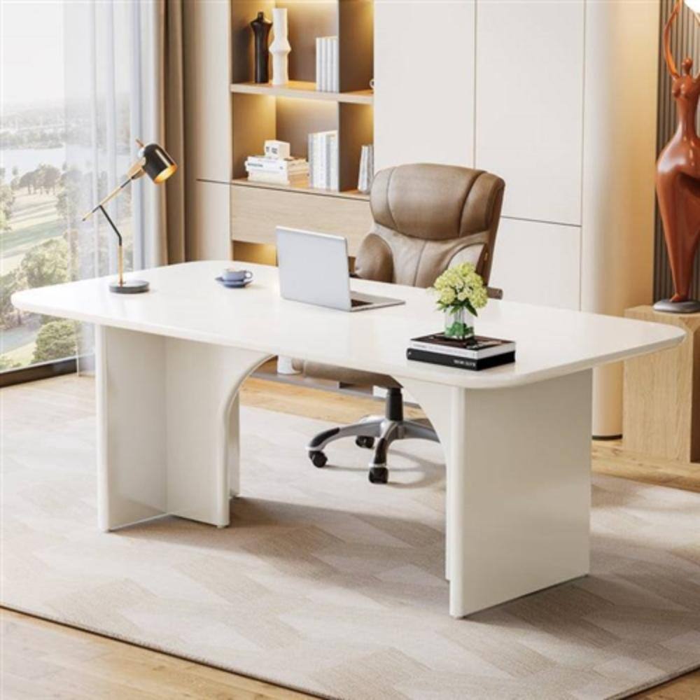 Angle. Hivvago - Modern Extra Large Executive Home Office Computer Desk in White - White.