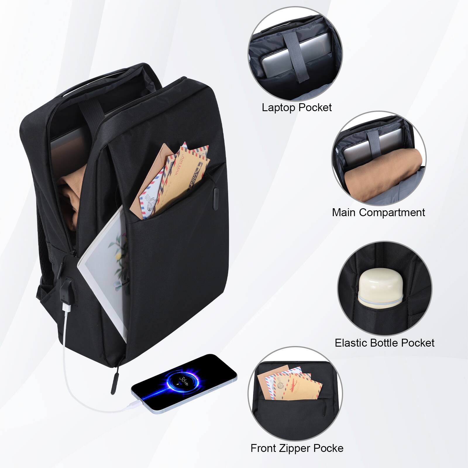 Laptop Pocket  
Main Compartment  
Elastic Bottle Pocket  
Front Zipper Pocket