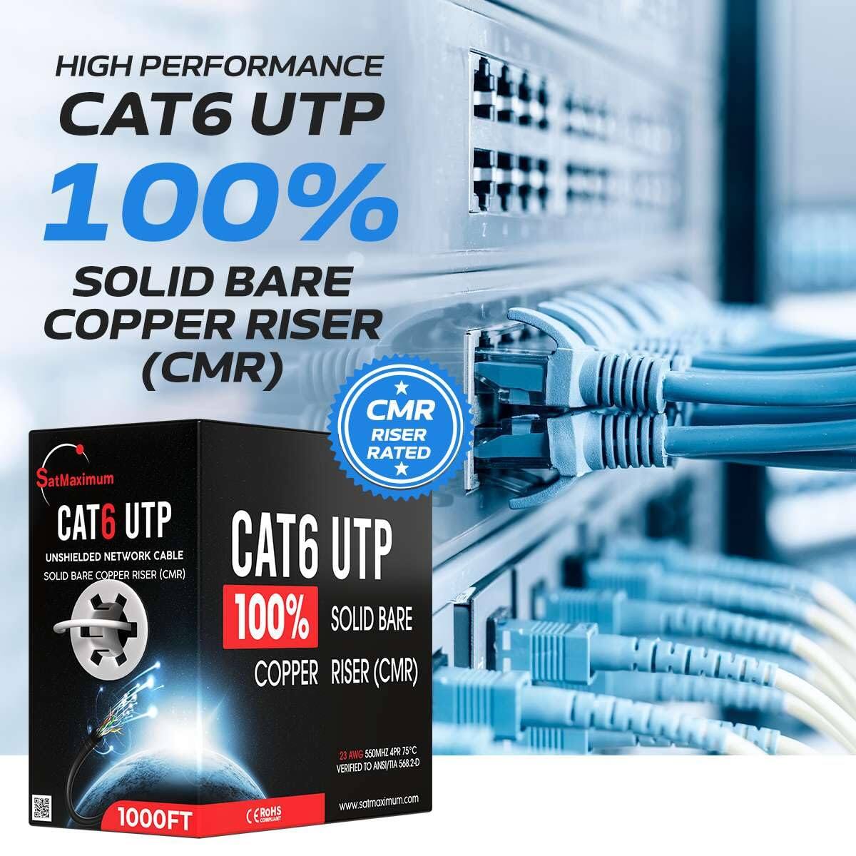 HIGH PERFORMANCE CAT6 UTP 100% SOLID BARE COPPER RISER (CMR)  
CMR RISER RATED  
SatMaximum CAT6 UTP SOLID UNSHIELDED BARE COPPER NETWORK RISER CABLE (CMR)  
CAT6 UTP 100% SOLID BARE COPPER RISER (CMR)  
23 AWG 400MHZ 28.75C  
VERIFIED TO ANSI/TIA-568.2-0  
1000FT  
www.sotmaximum.com