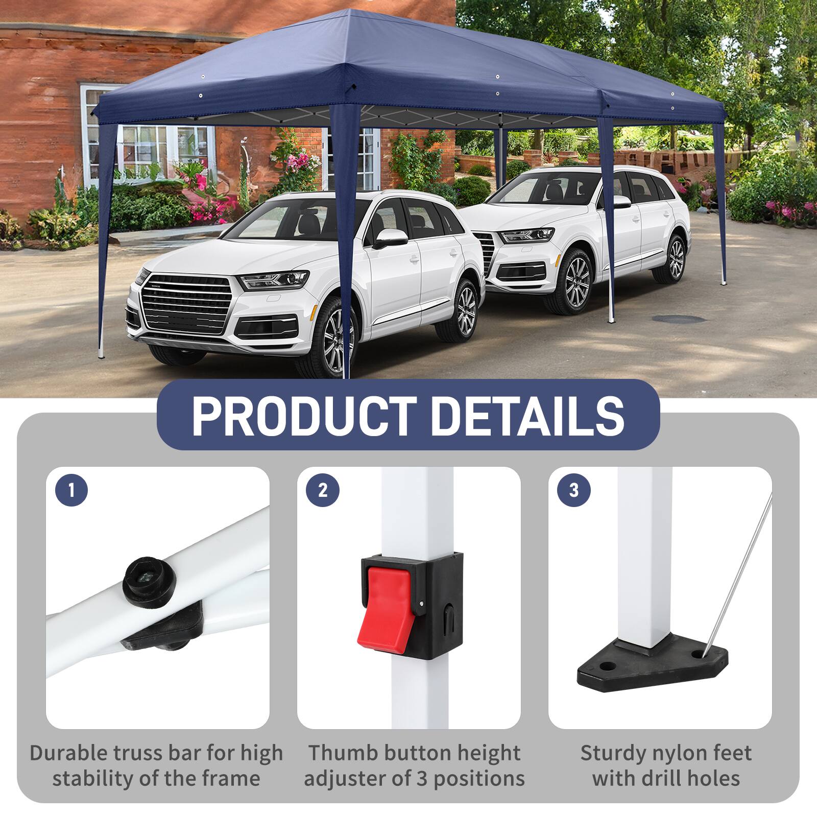 PRODUCT DETAILS

1. Durable truss bar for high stability of the frame
2. Thumb button height adjuster of 3 positions
3. Sturdy nylon feet with drill holes