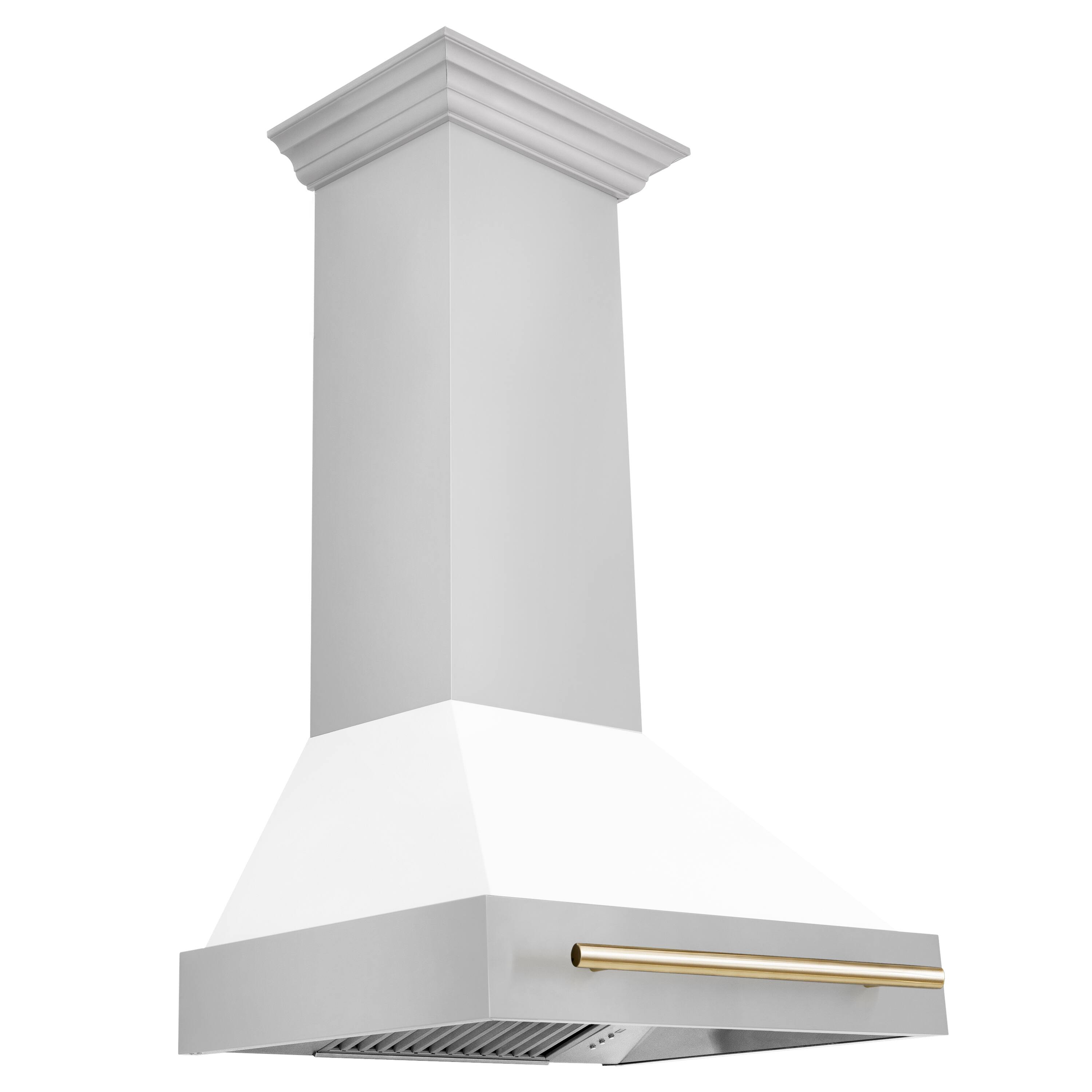 Left. ZLINE - ZLINE Autograph Edition 30 in. Stainless Steel Range Hood with White Matte Shell and Polished Gold Handle - Stainless Steel.