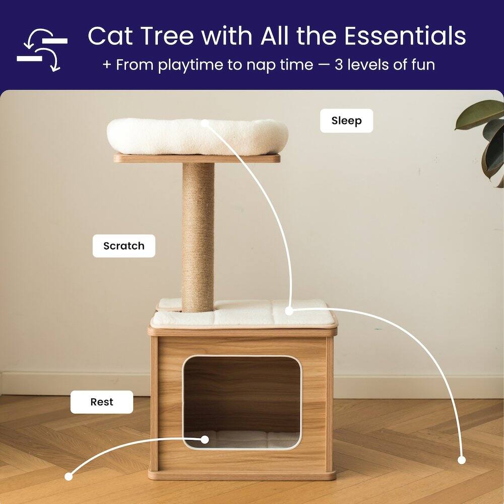 Cat Tree with All the Essentials  
+ From playtime to nap time — 3 levels of fun  

Sleep  
Scratch  
Rest