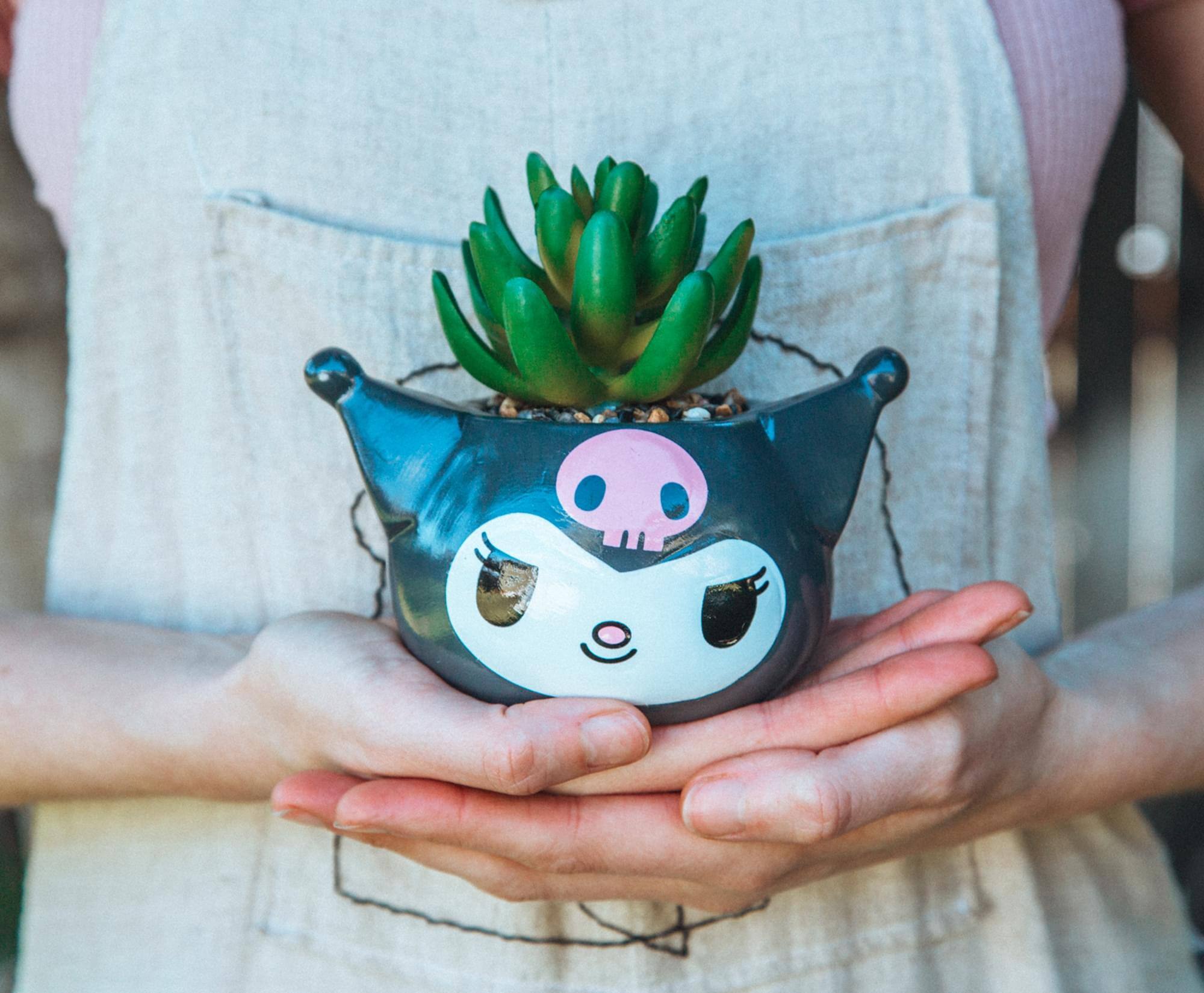 Alt View 2. Silver Buffalo - Sanrio Kuromi Smiling Head 3-Inch Ceramic Mini Planter With Artificial Succulent - Black.