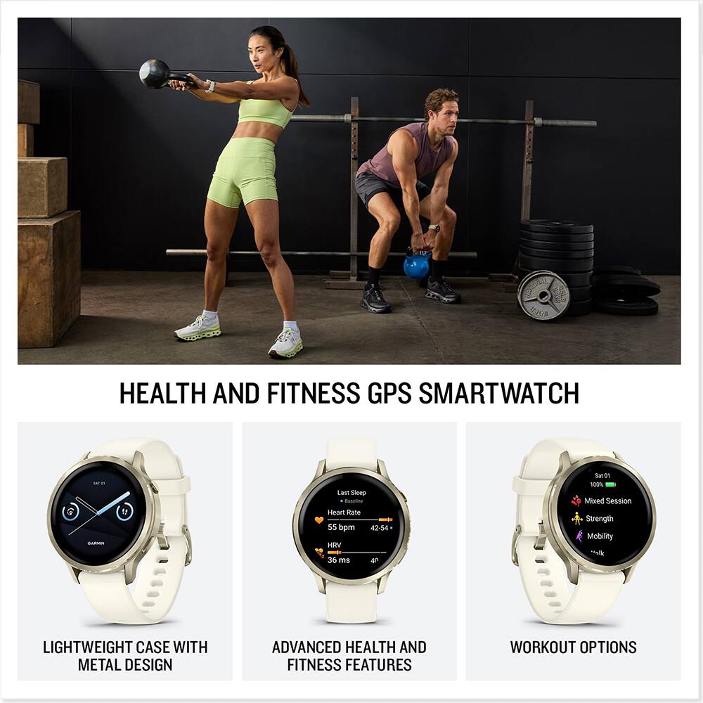 **HEALTH AND FITNESS GPS SMARTWATCH**

- **LIGHTWEIGHT CASE WITH METAL DESIGN**
- **ADVANCED HEALTH AND FITNESS FEATURES**
- **WORKOUT OPTIONS**

**Last Sleep**
- **Heart Rate:** 55 bpm (42-54)
- **HRV:** 36 ms

**Mixed Session**
- **Strength**
- **Mobility**
- **Walk**
