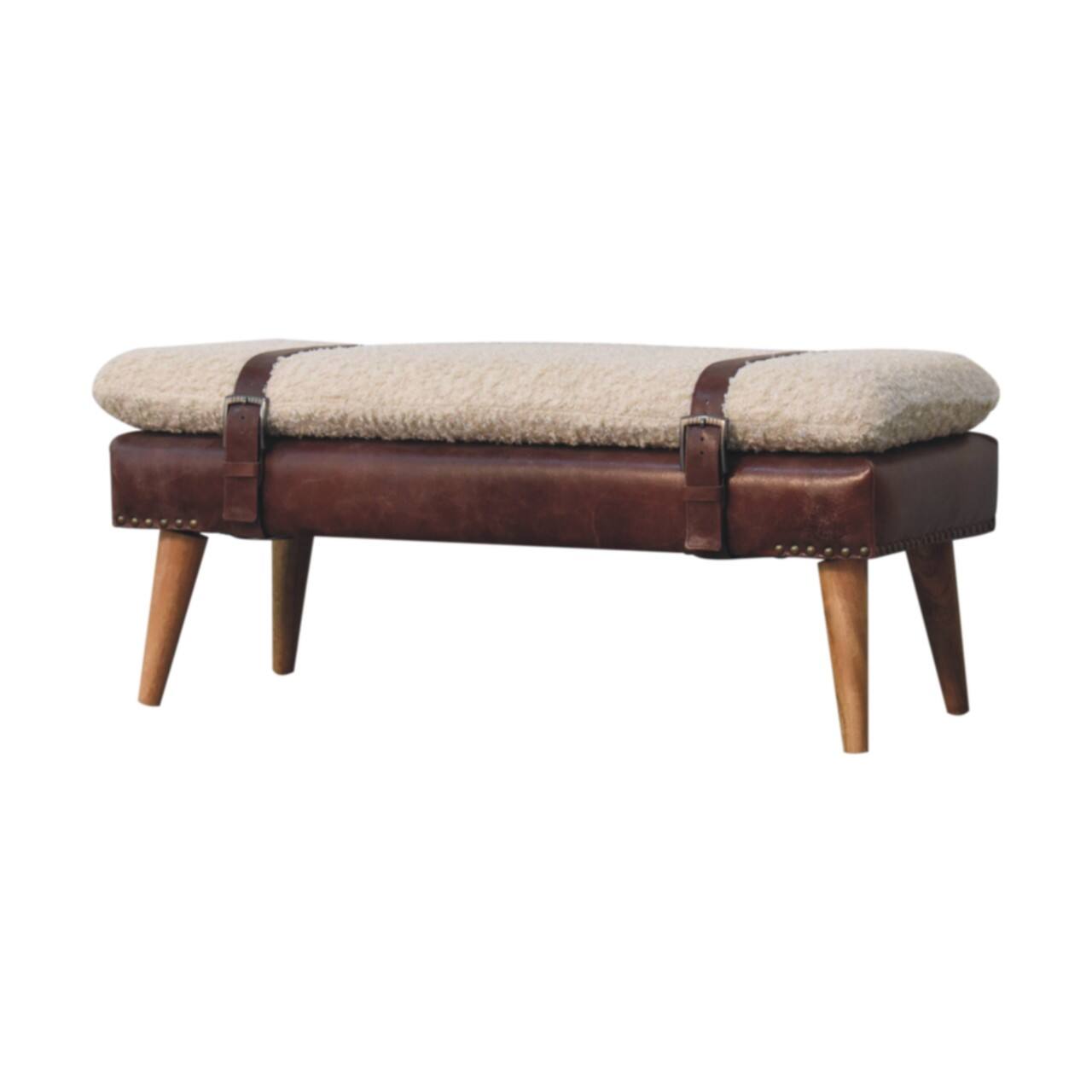 Left. Artisan Furniture - Artisan Furniture Solid Wood Boucle x Brown Leather Bench, Upholstered, Brown and Cream - Brown and Cream.