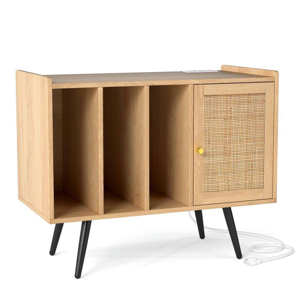 Alt View 2. Kadyn - Record Player Stand with Charging Station and Woven Rattan Cabinet, Natural - Brown.