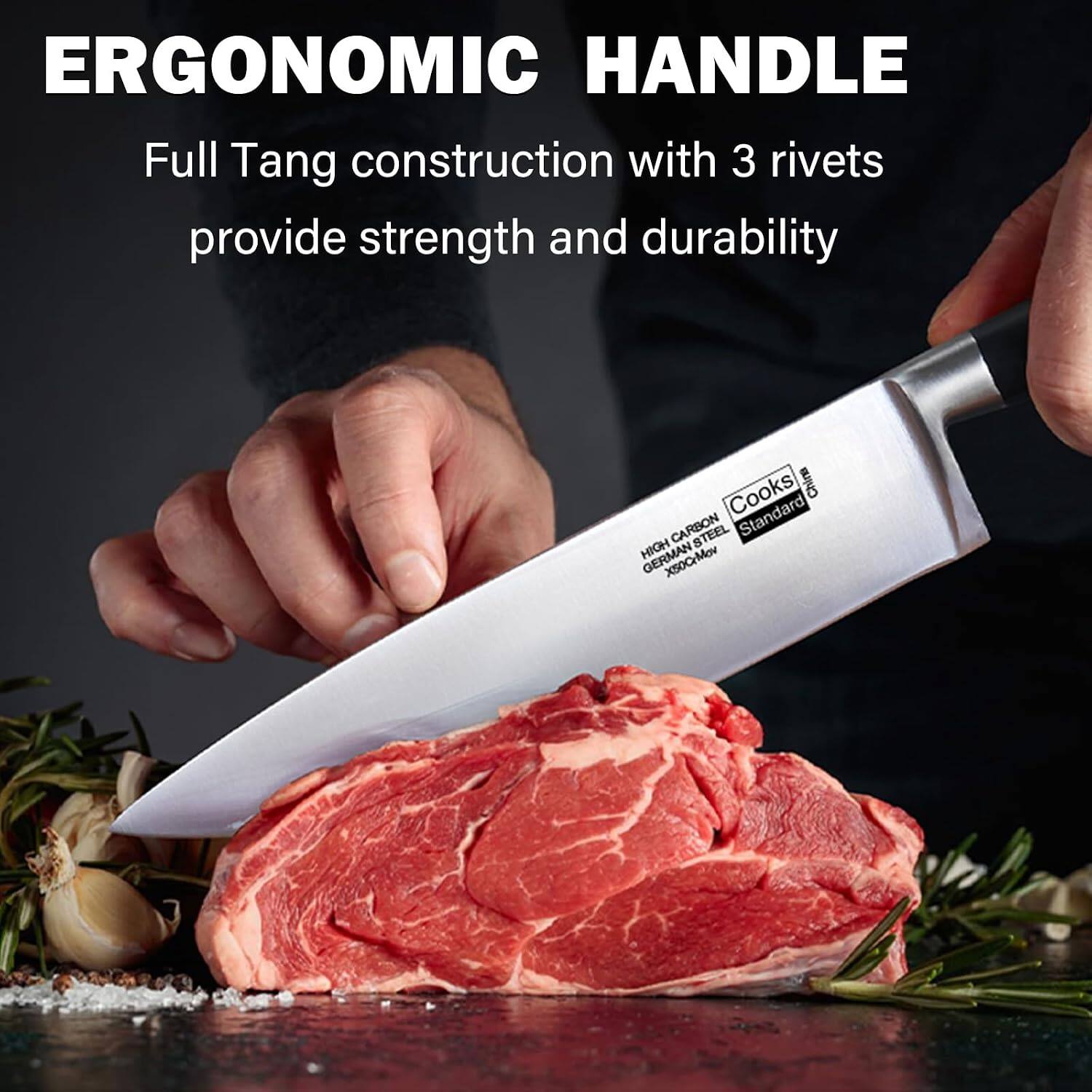 ERGONOMIC HANDLE

Full Tang construction with 3 rivets provide strength and durability

Cooks
HIGH CARBON
GERMAN
XSOCyMov