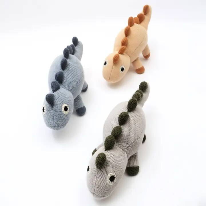 Back. Siljoy - Knitted Stuffed Dinosaur Soft Toy, 35x13cm, Ice Grey, 100% Cotton & Polyester, Unique Spikes - Gray.