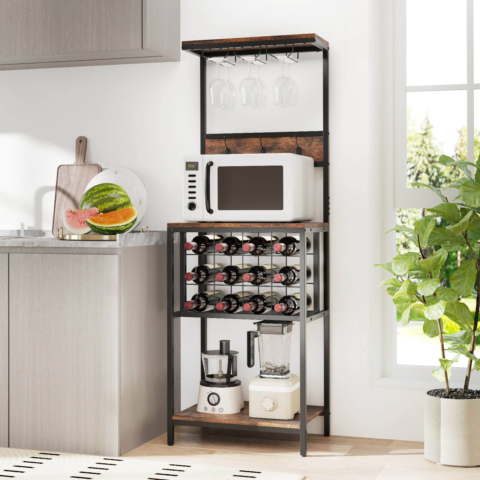 Alt View 5. Costway - Costway Wine Rack Freestanding Floor with Countertop Wine and Glass Holder Wine Shelf - Rustic Brown,Black.