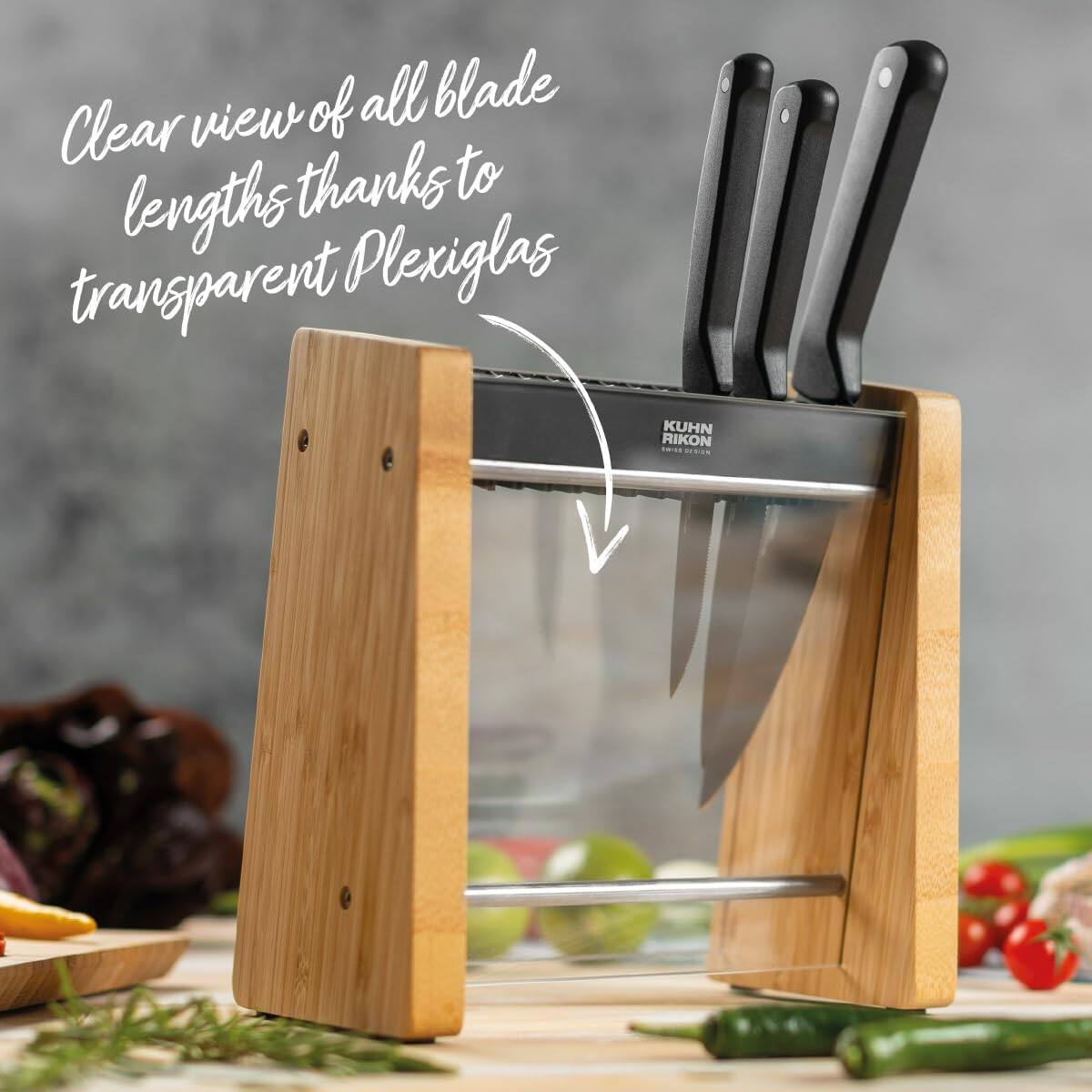 Clear view of all blade lengths thanks to transparent Plexiglas  
KUHN RIKON