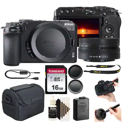 - Nikon Z mount
- Nikon Z 30
- DX 16-50 3.5-6.3
- Transcend 16GB SDHC U1
- Vivitar cleaning solution
- Nikon rechargeable lithium battery pack EN-EL25 1120mAh 7.4V 8.5Wh
- Nikon Z lens cap
- Nikon Z camera strap
- Camera bag
- USB cable