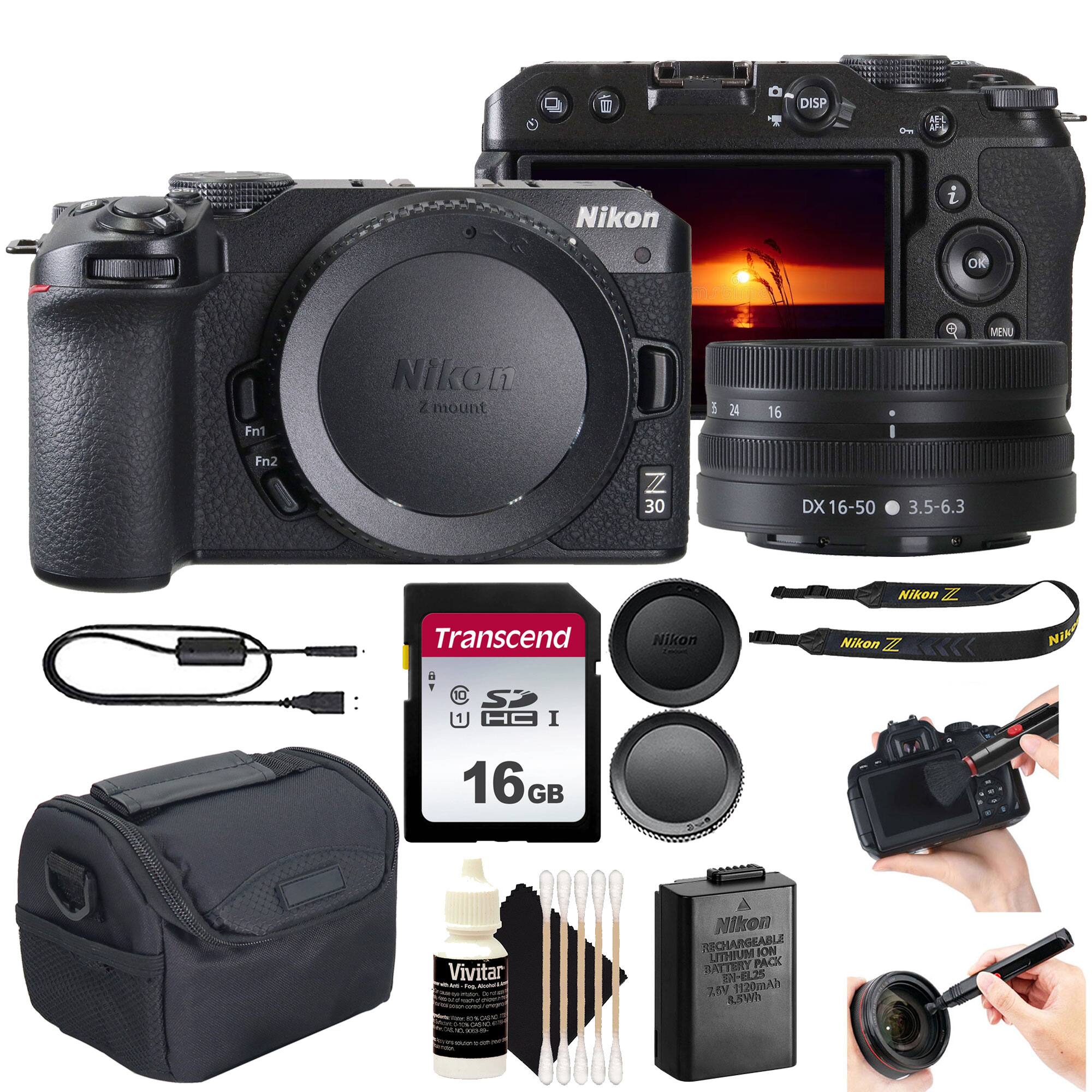 - Nikon Z mount
- Nikon Z 30
- DX 16-50 3.5-6.3
- Transcend 16GB SDHC U1
- Vivitar cleaning solution
- Nikon rechargeable lithium battery pack EN-EL25 1120mAh 7.4V 8.5Wh
- Nikon Z lens cap
- Nikon Z camera strap
- Camera bag
- USB cable
