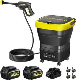 POXURIO - 750PSI Portable Pressure Washer with 2x5.0Ah Battery & Quick Charger, 4.5Gal Tank, 5-in-1 Nozzle, 10FT Hose - Yellow