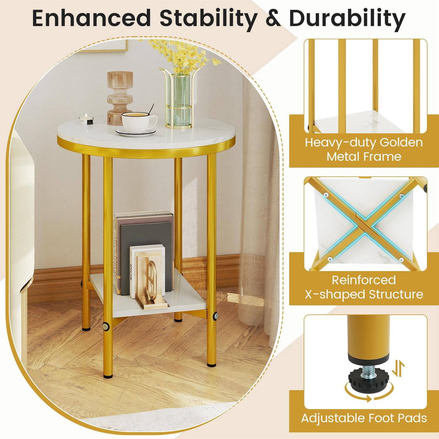 Enhanced Stability & Durability

- Heavy-duty Golden Metal Frame
- Reinforced X-shaped Structure
- Adjustable Foot Pads