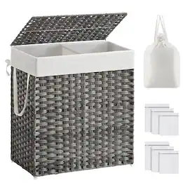Songmics Home - Laundry Hamper with Lid, 110L Clothes Hamper with 2 Removable Liner Bags, 6 Mesh Bags, Wicker Laundry Basket - Gray