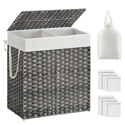 Front. Songmics Home - Laundry Hamper with Lid, 110L Clothes Hamper with 2 Removable Liner Bags, 6 Mesh Bags, Wicker Laundry Basket - Gray.