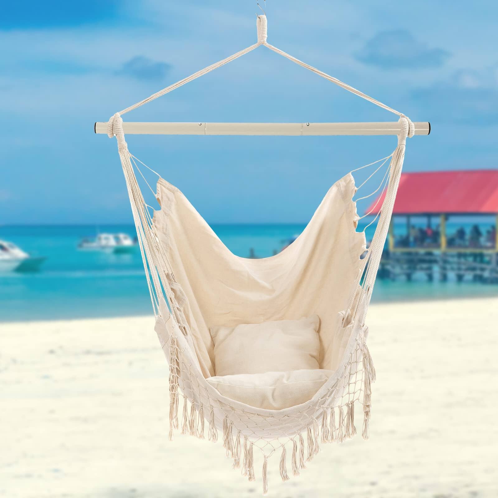 Alt View 5. JETRANSPORT - Hammock Chair Hanging Rope Swing Seat With 2 Cushions Macrame Side Pocket High Load-bearing Metal Rod For - Dark Grey.